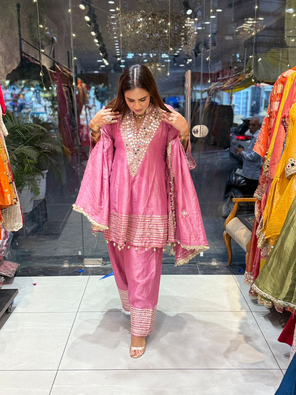 Beautiful Suit With Mirror Work on Neck PC2039