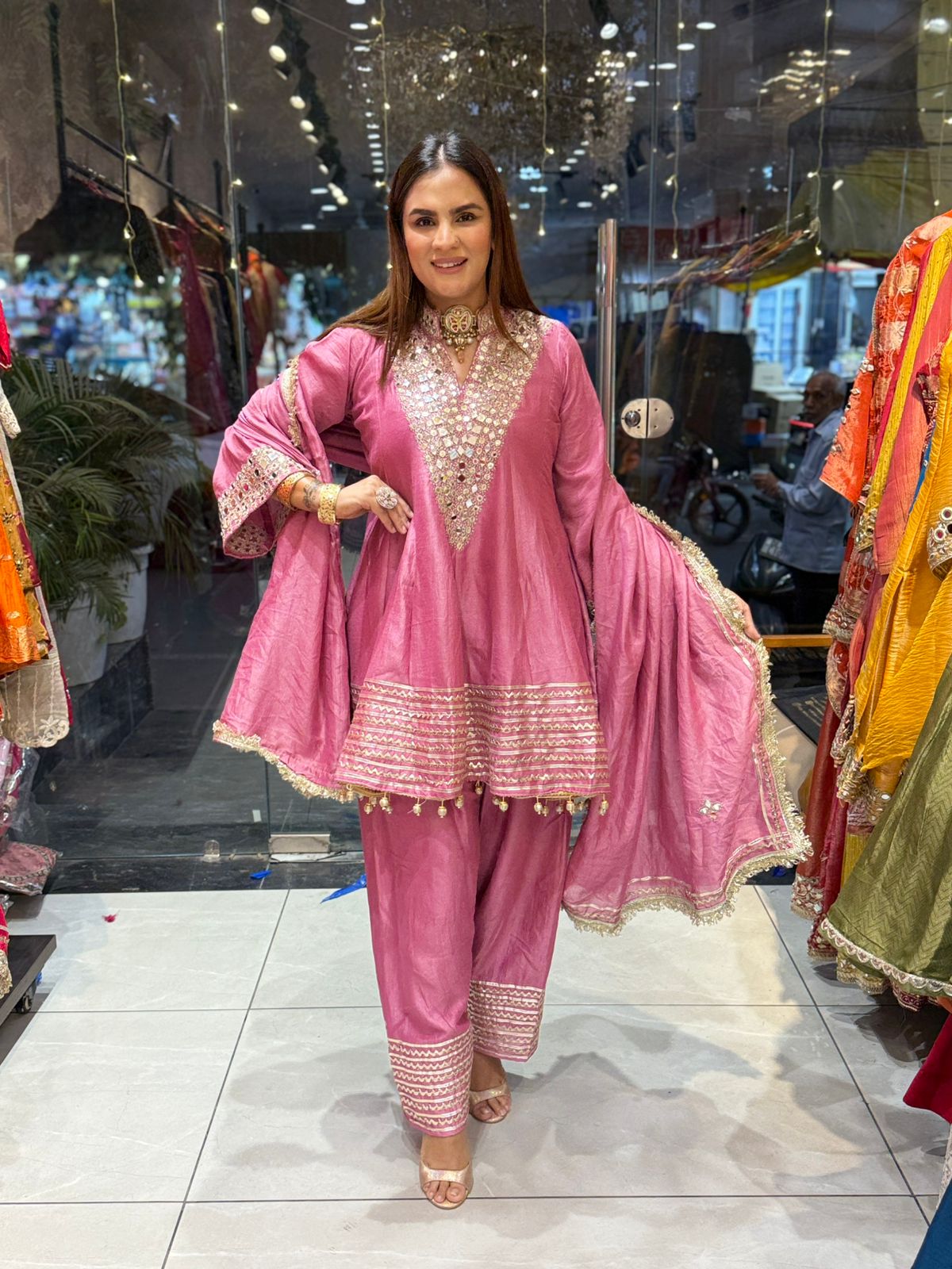 Beautiful Suit With Mirror Work on Neck PC2039
