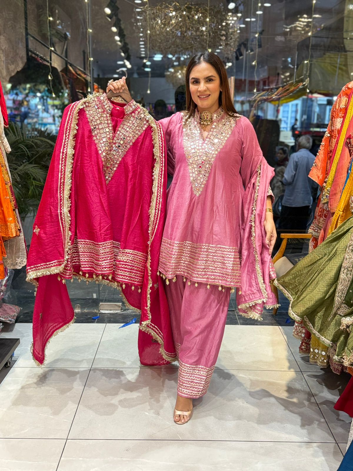 Beautiful Suit With Mirror Work on Neck PC2039