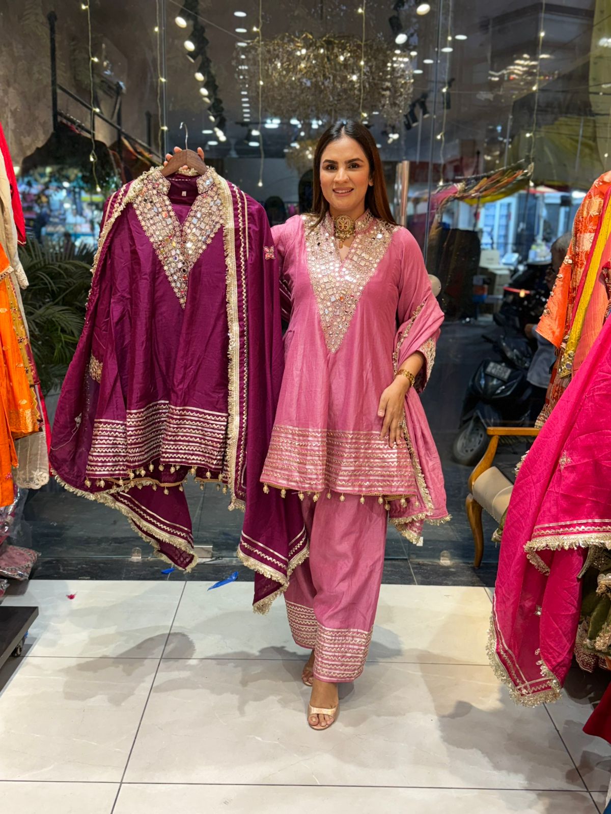 Beautiful Suit With Mirror Work on Neck PC2039