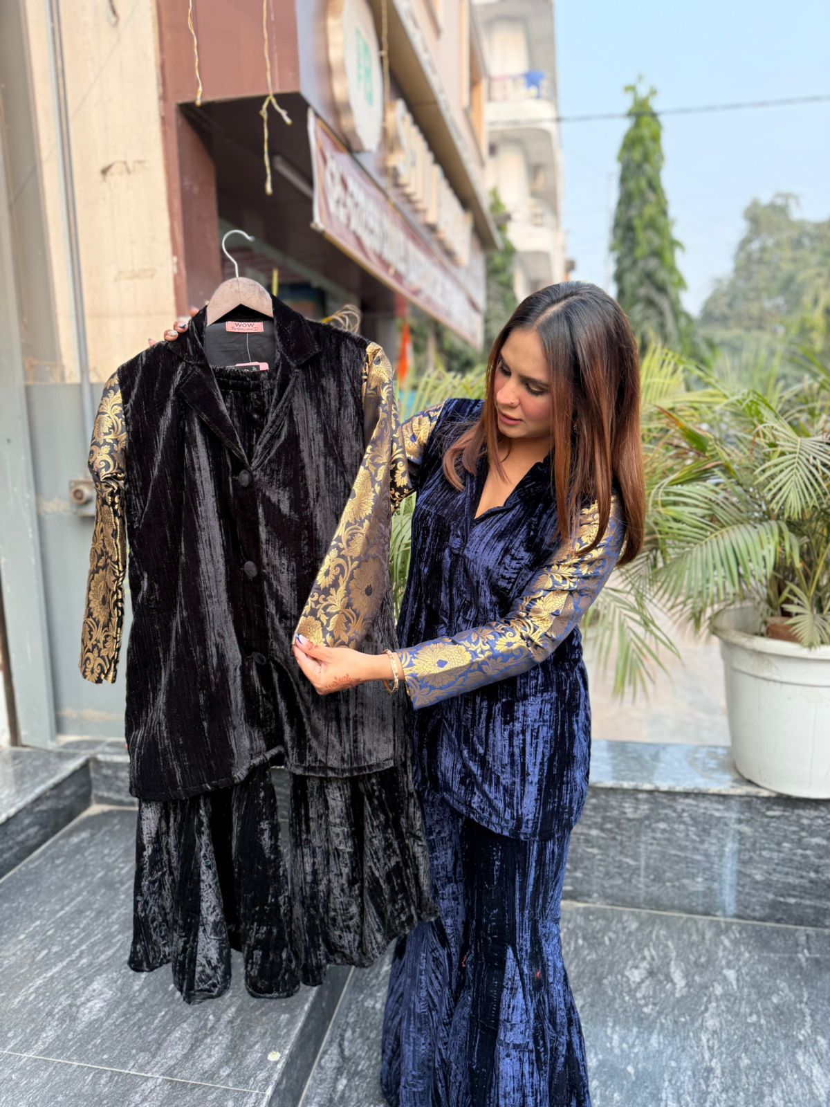 Stunning Velvet Shirt With Skirt PC2140