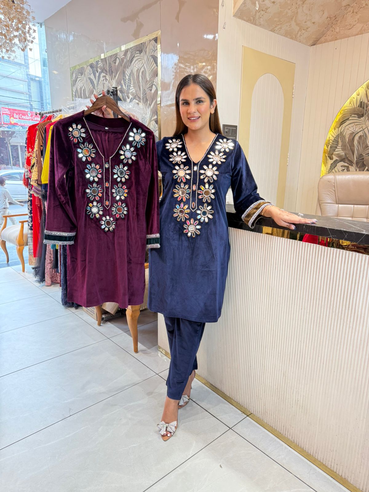 Stunning Velvet Co-Ord Set With Mirror Work PC2154