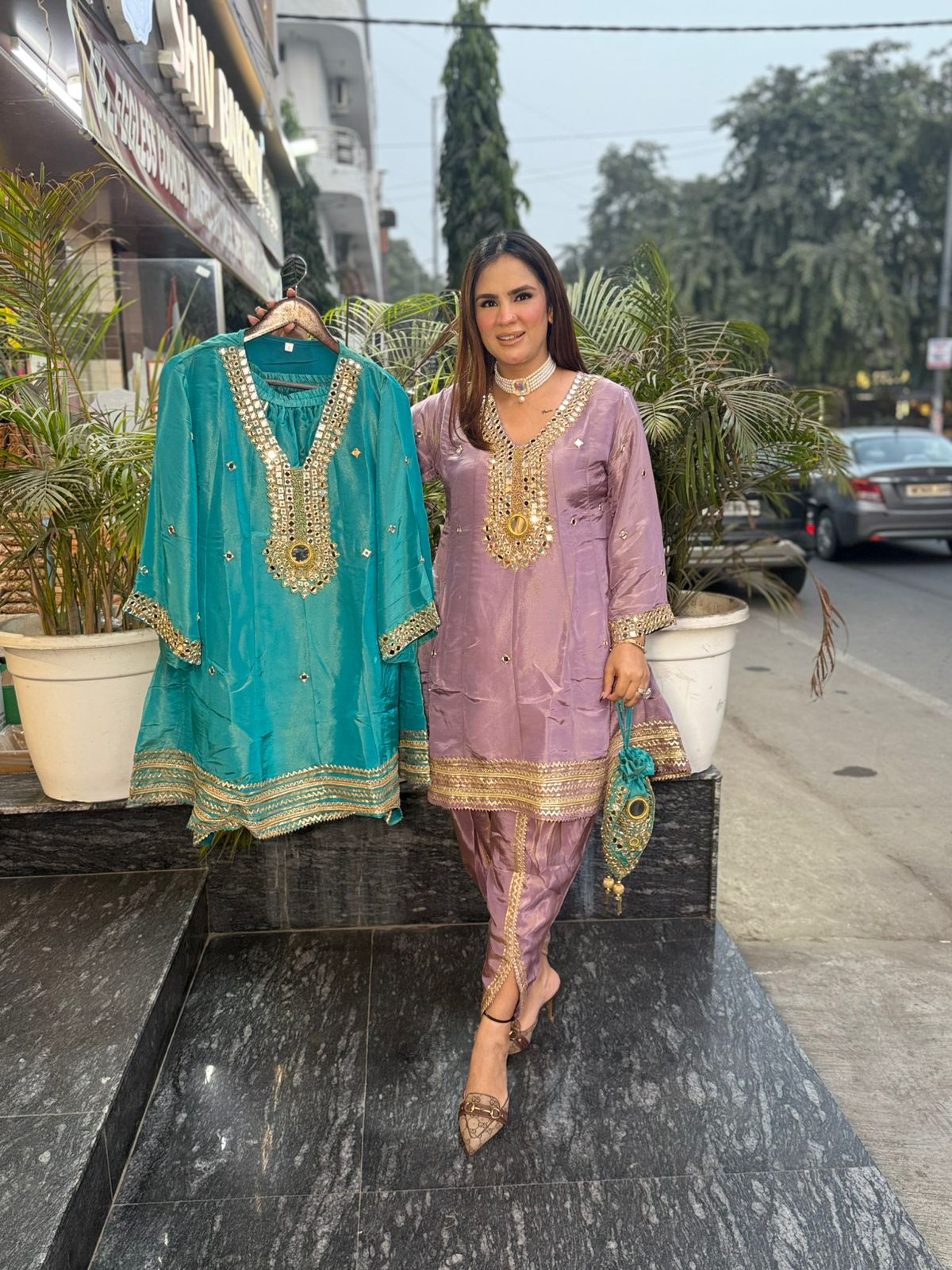 Stunning Mirror Work Co-Ord Set With Potli PC2209