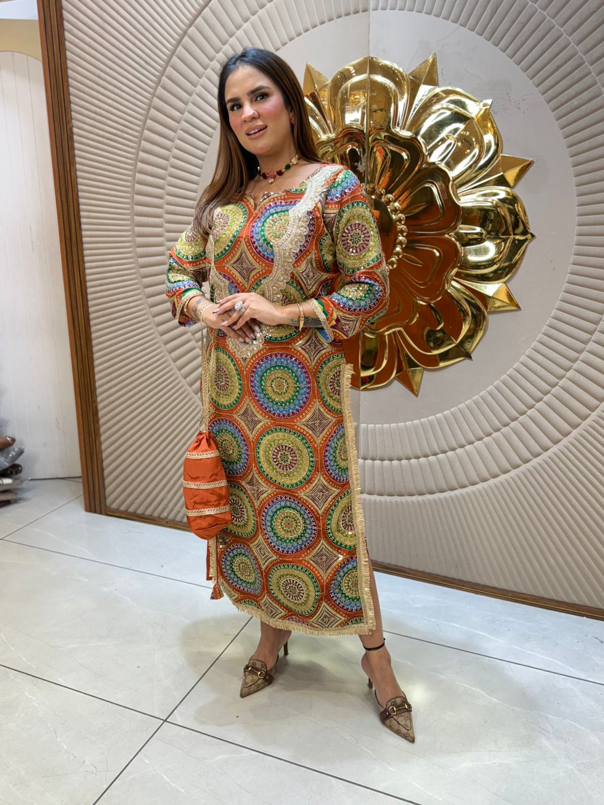 Stunning Pattern Print Suit With Potli PC2211