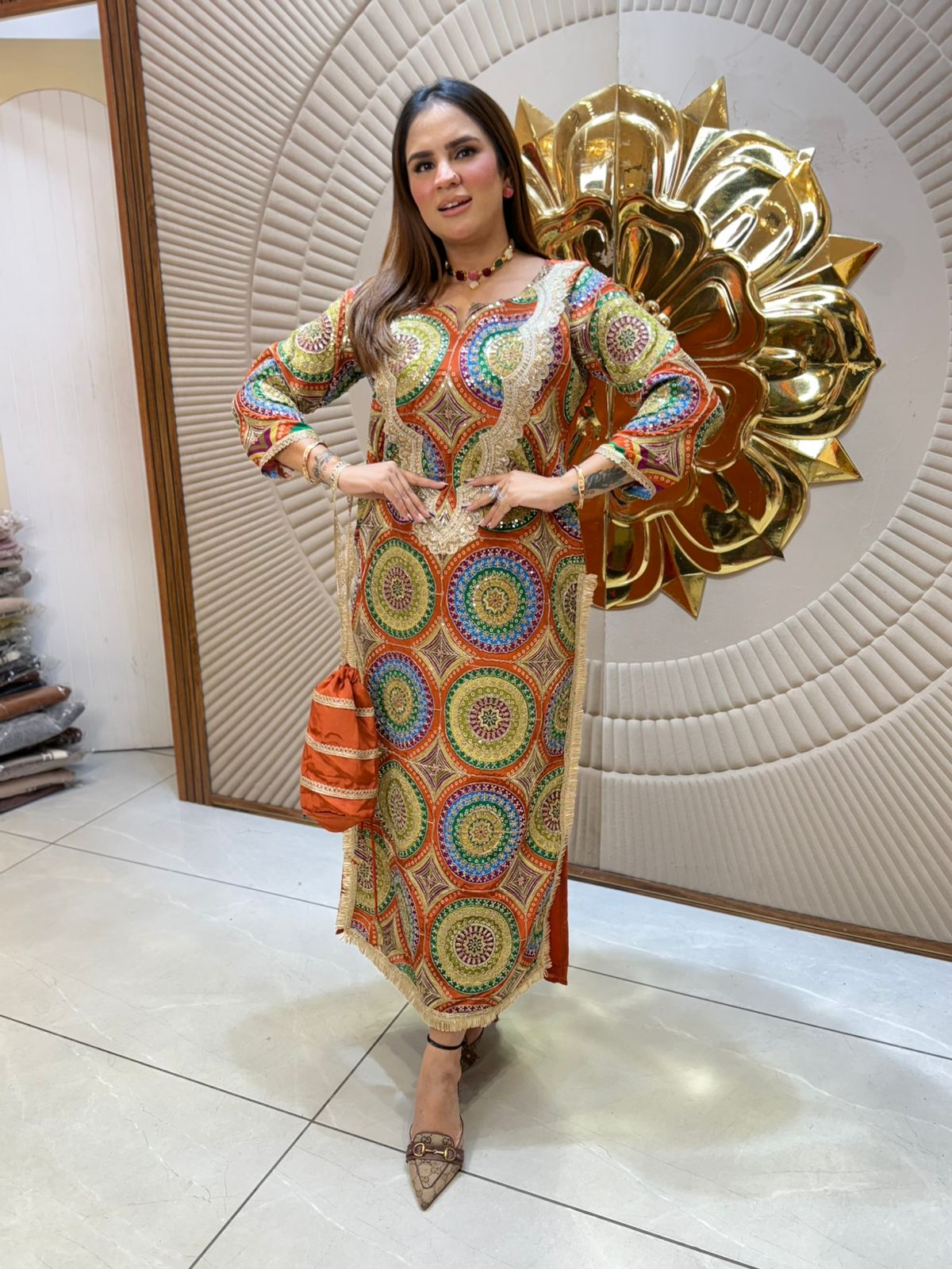 Stunning Pattern Print Suit With Potli PC2211