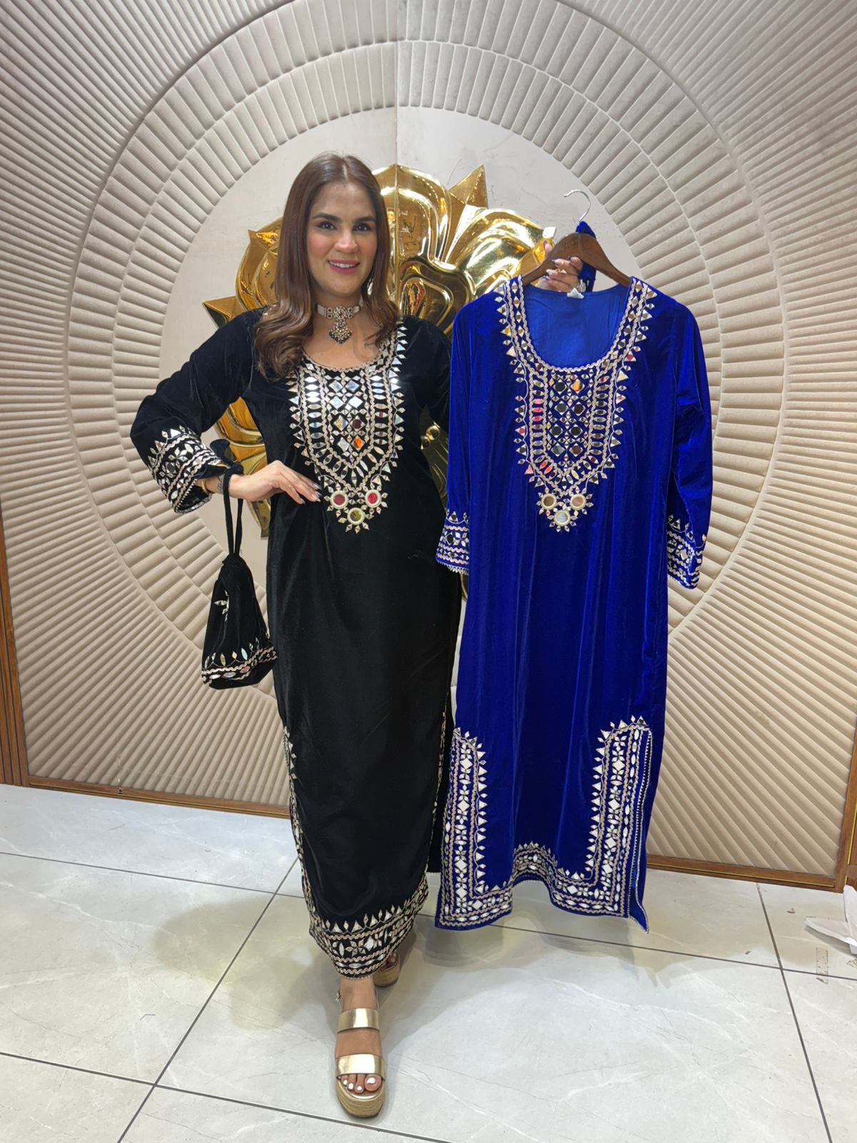 Elegant Velvet Dress With Hand Bag PC2268