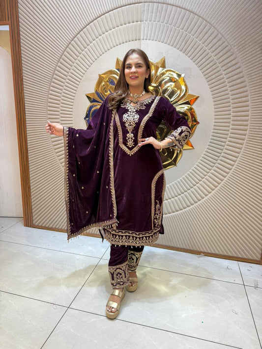 Elegant Velvet Suit With Lace Work PC2274