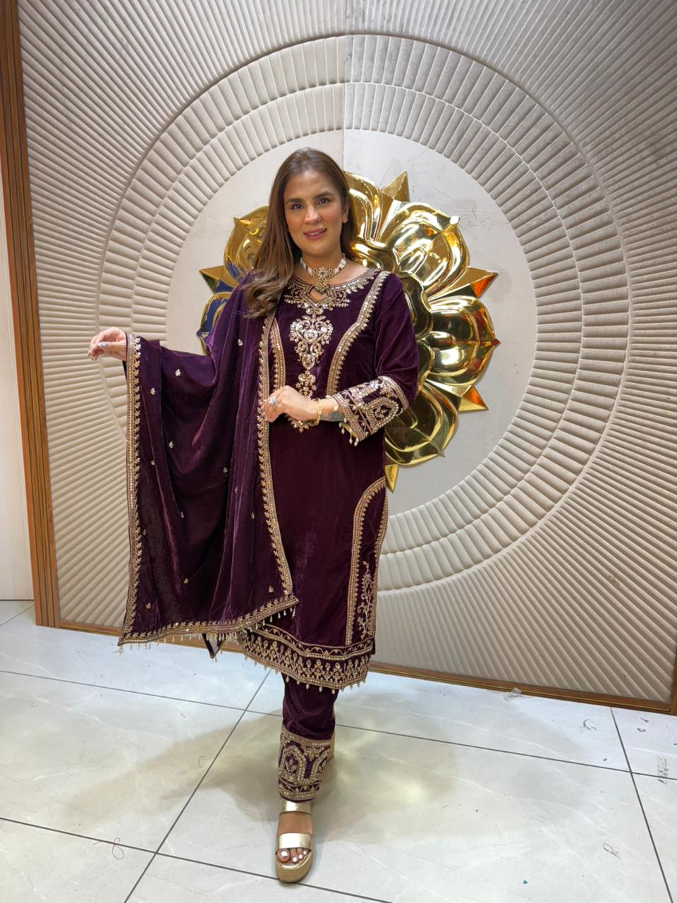 Elegant Velvet Suit With Lace Work PC2274