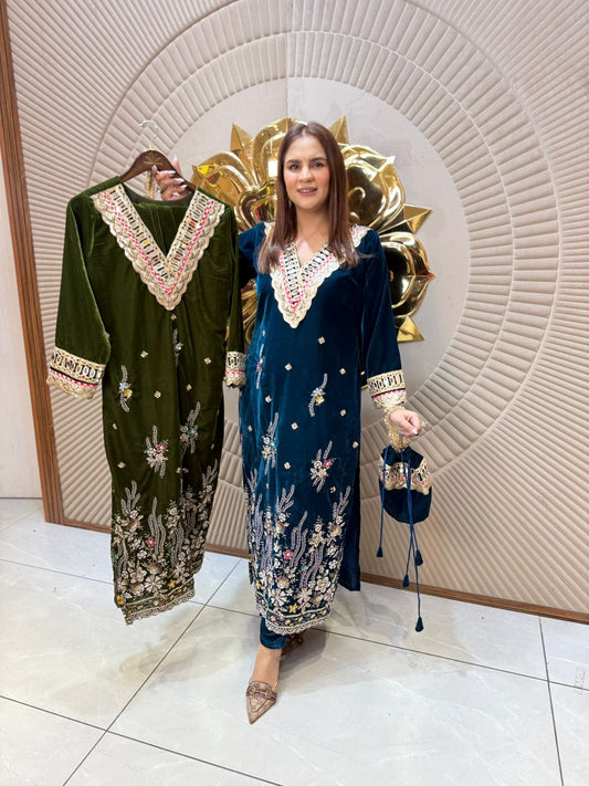 Elegant Velvet Dress With Hand Bag PC2290