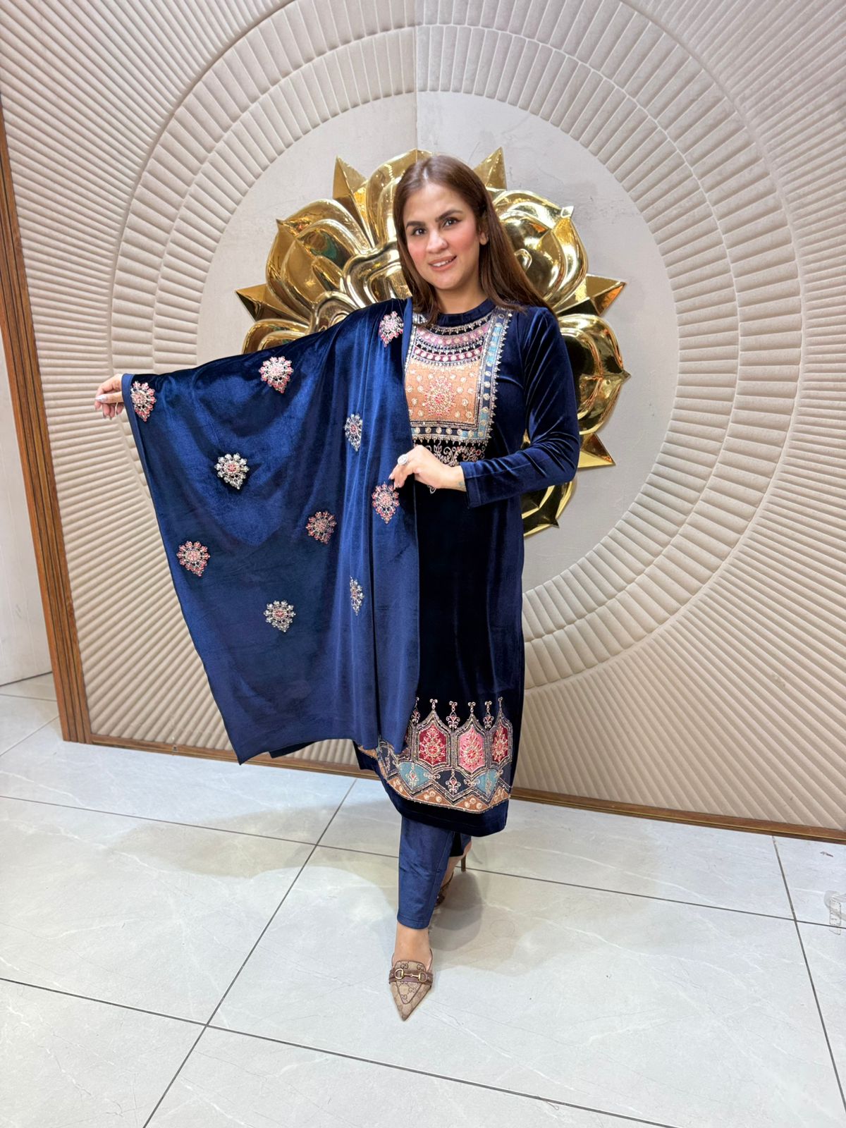 Beautiful Velvet Suit With Neck Work PC2306