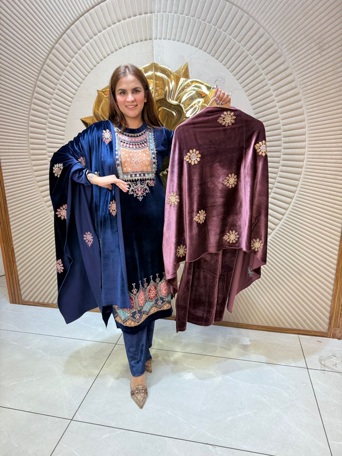 Beautiful Velvet Suit With Neck Work PC2306