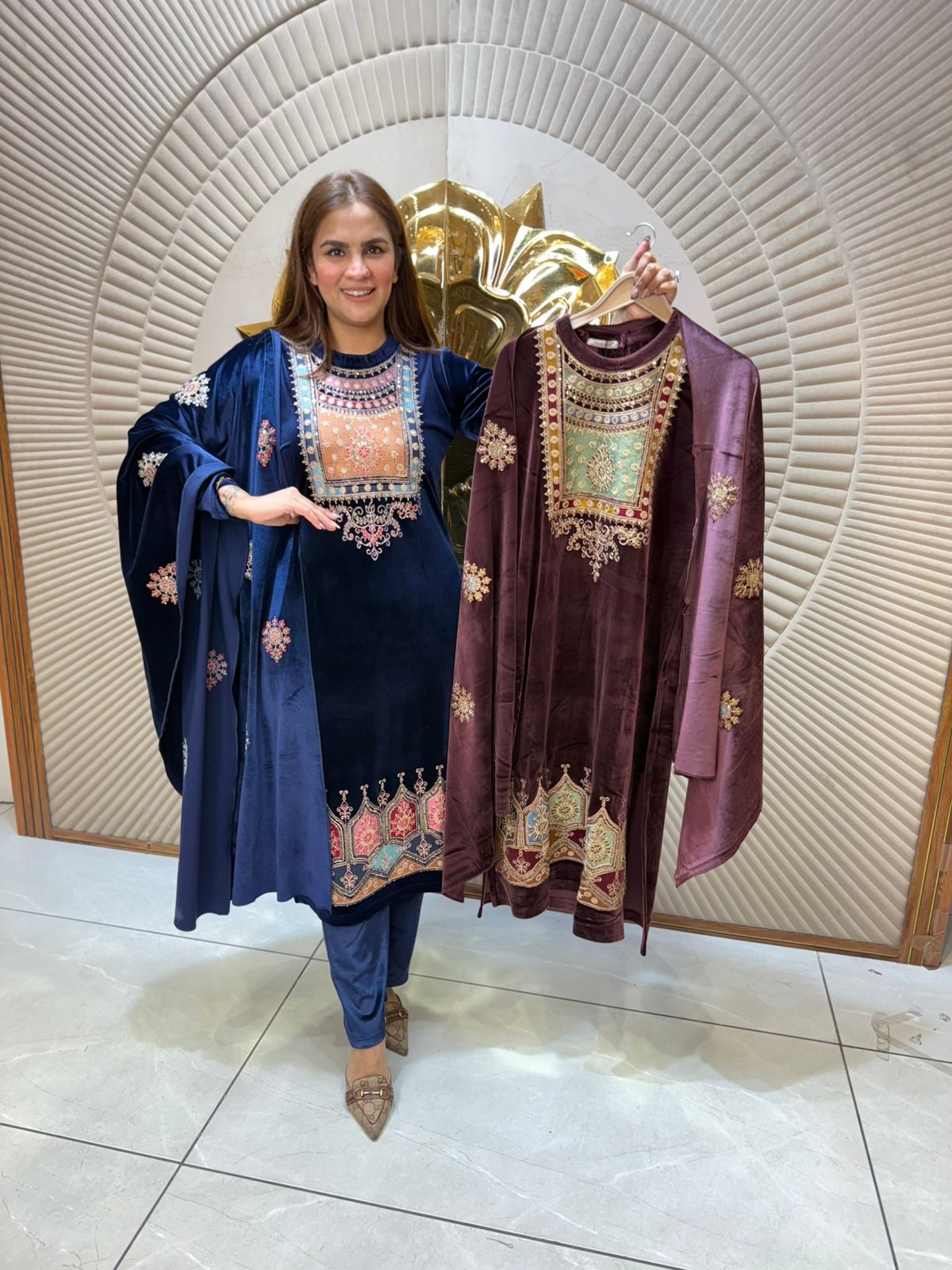 Beautiful Velvet Suit With Neck Work PC2306