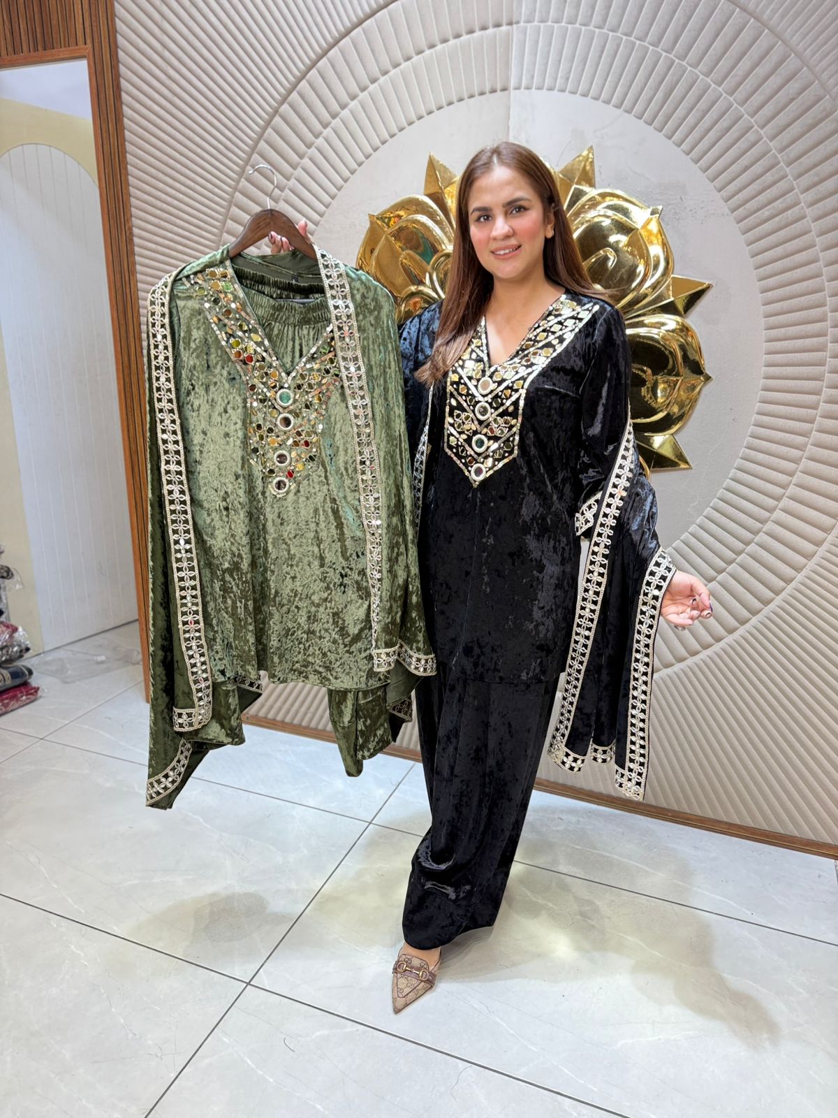 Beautiful Velvet Suit With Mirror Work PC2309