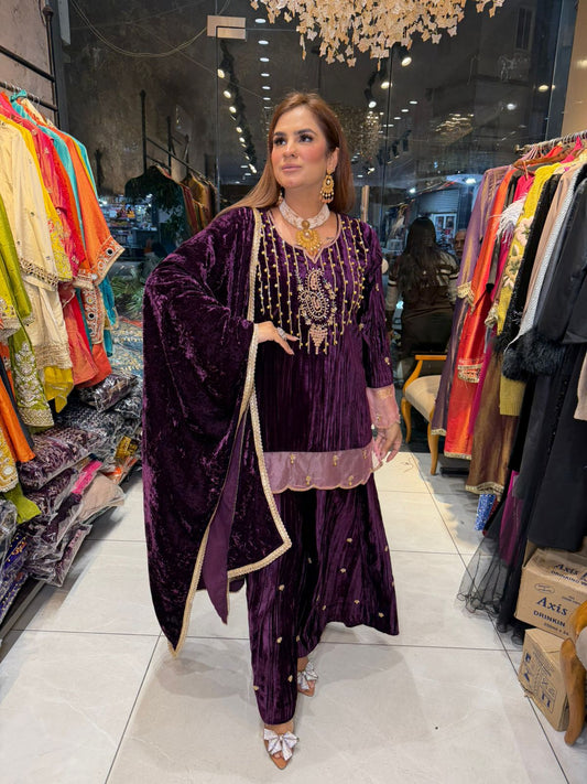 Elegant Velvet Suit With Lace Work on Dupatta PC2354