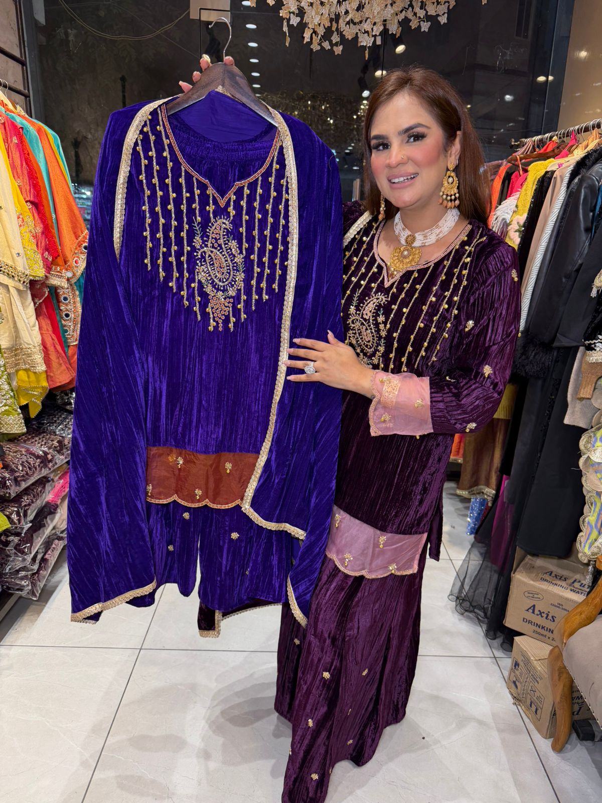 Elegant Velvet Suit With Lace Work on Dupatta PC2354