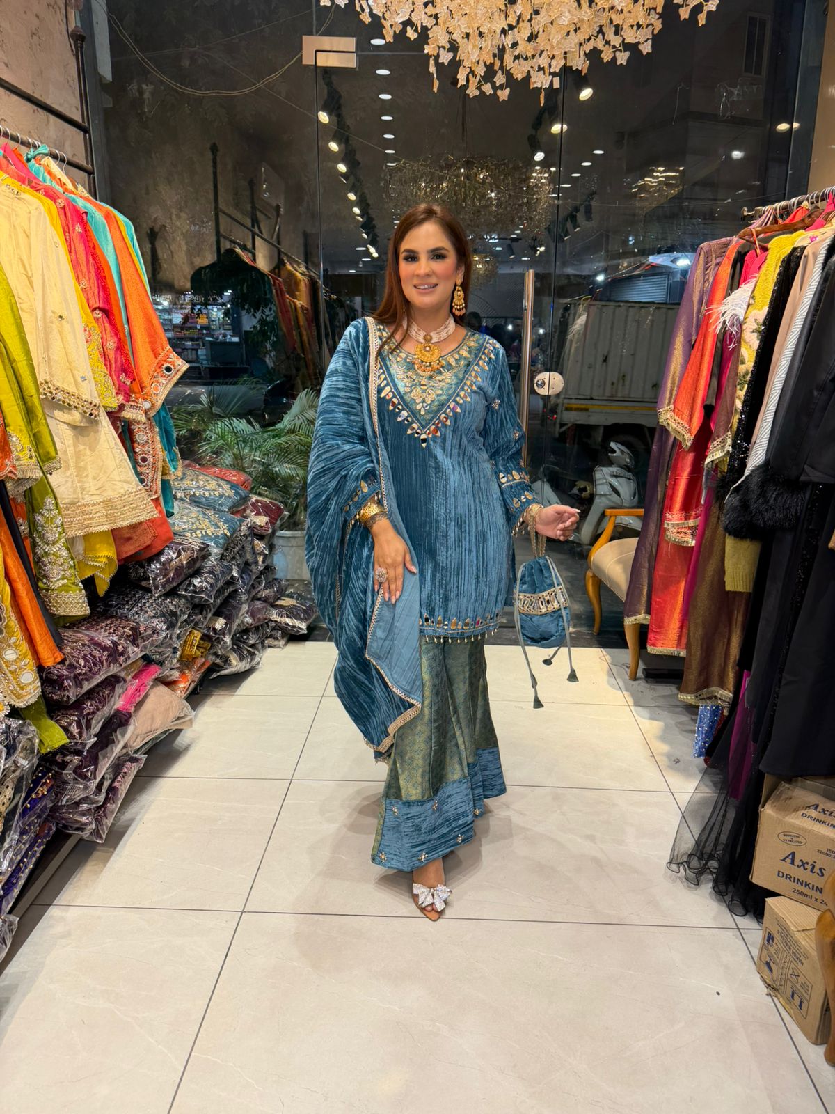 Elegant Velvet Suit With Hand Bag PC2355