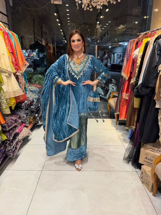 Elegant Velvet Suit With Hand Bag PC2355