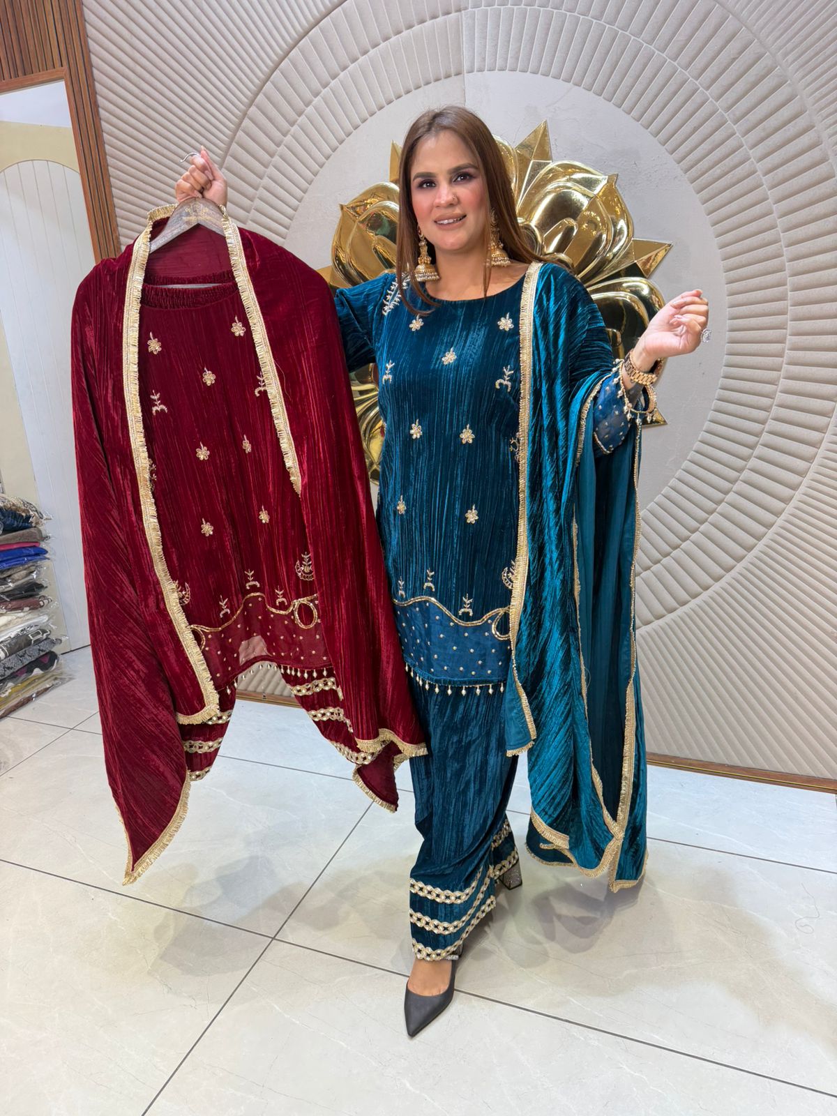 Elegant Velvet Flower Design Suit PC2394