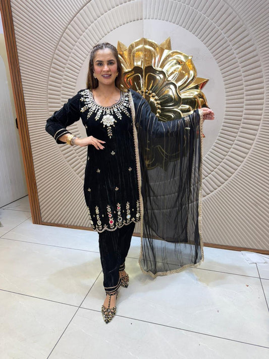 Elegant Velvet Suit With Neck Design PC2407