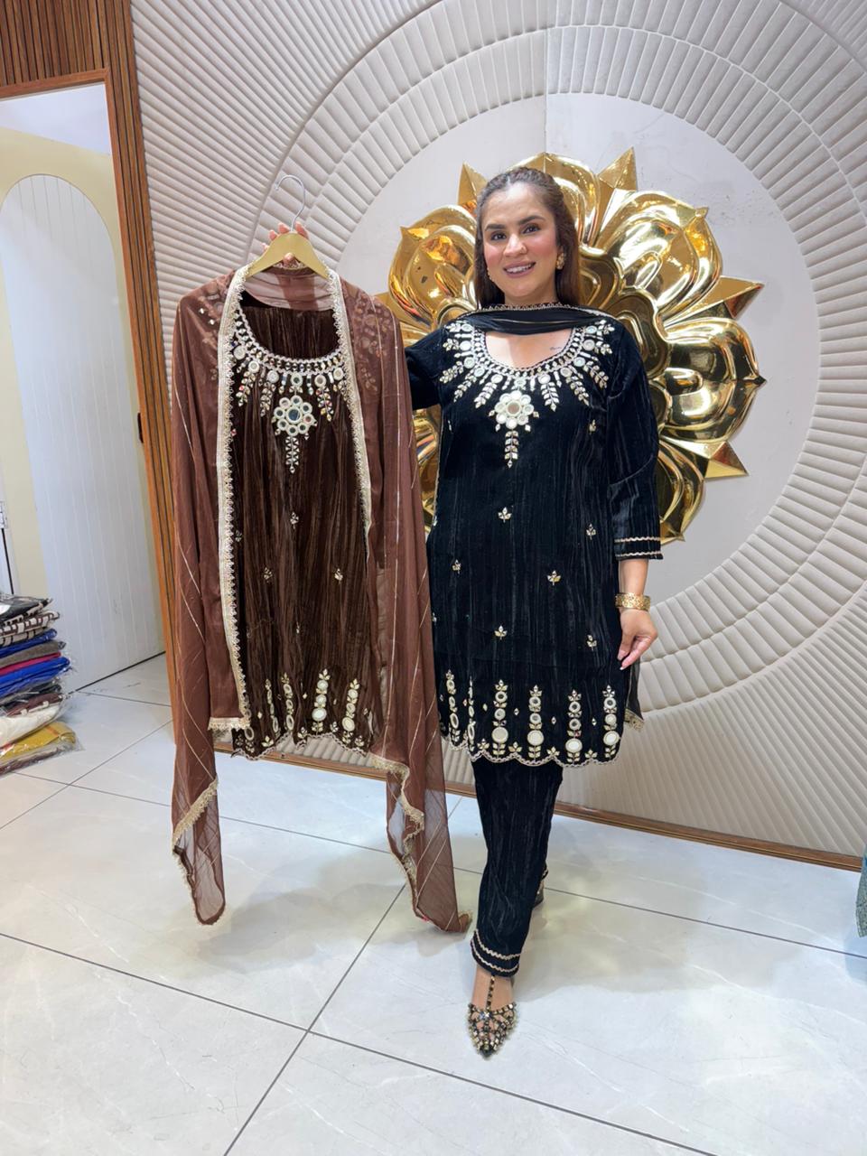 Elegant Velvet Suit With Neck Design PC2407