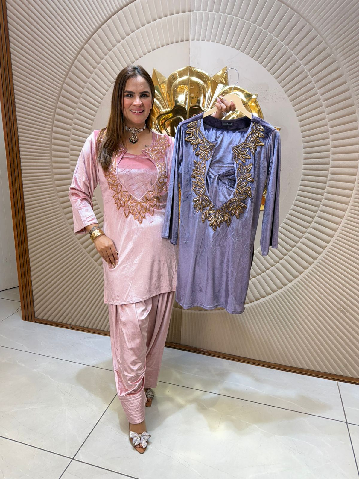 Elegant Velvet Suit With Chest Design PC2449