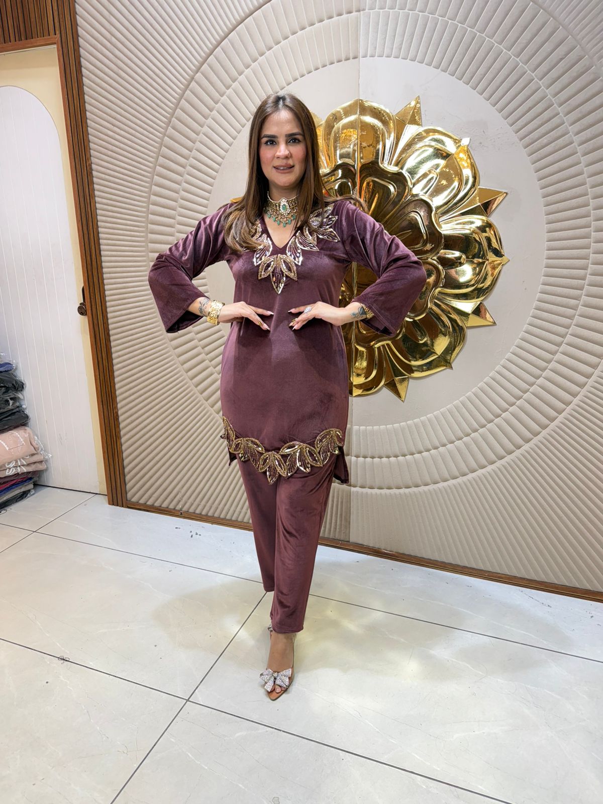 Beautiful V-Neck Velvet Co-Ord Set PC2457