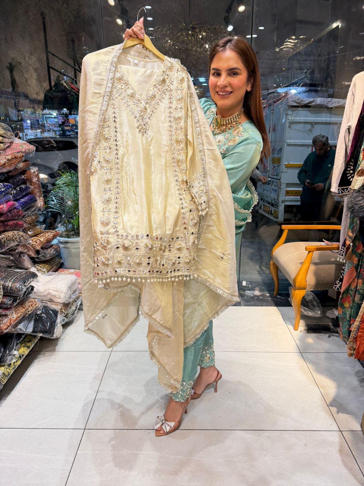 Elegant Suit With Lace Work On Dupatta PC2458
