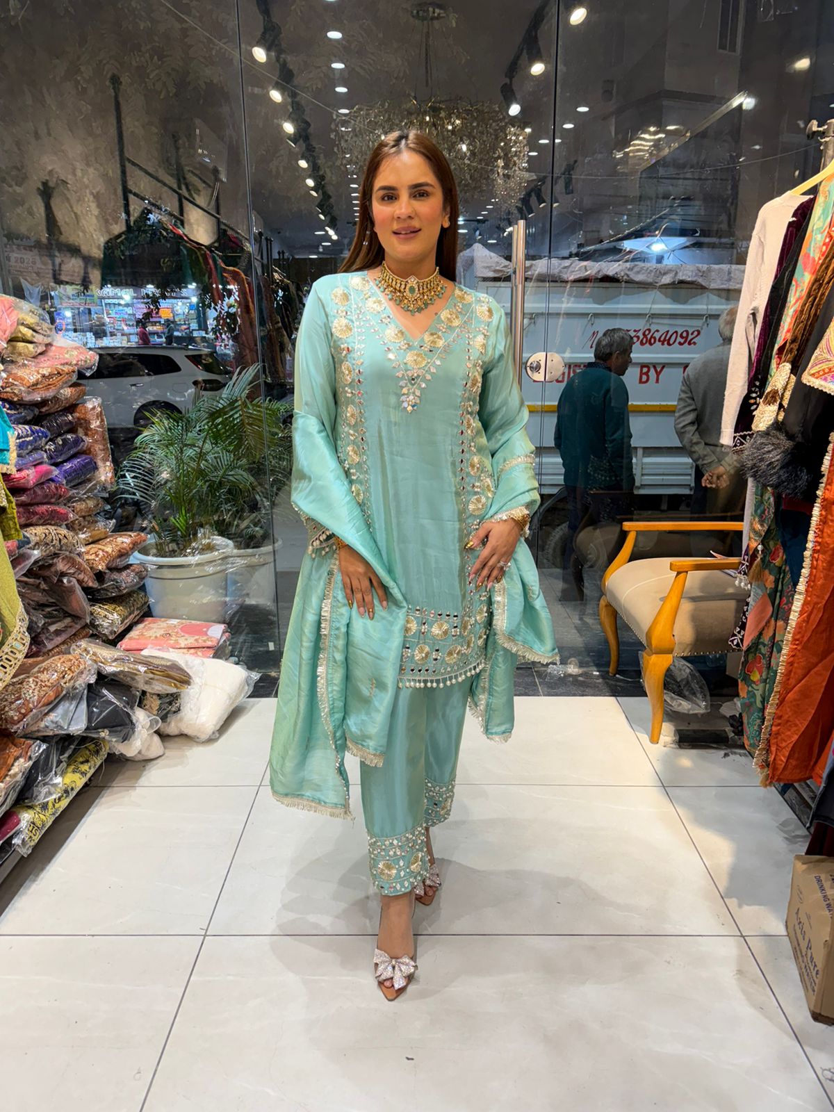 Elegant Suit With Lace Work On Dupatta PC2458