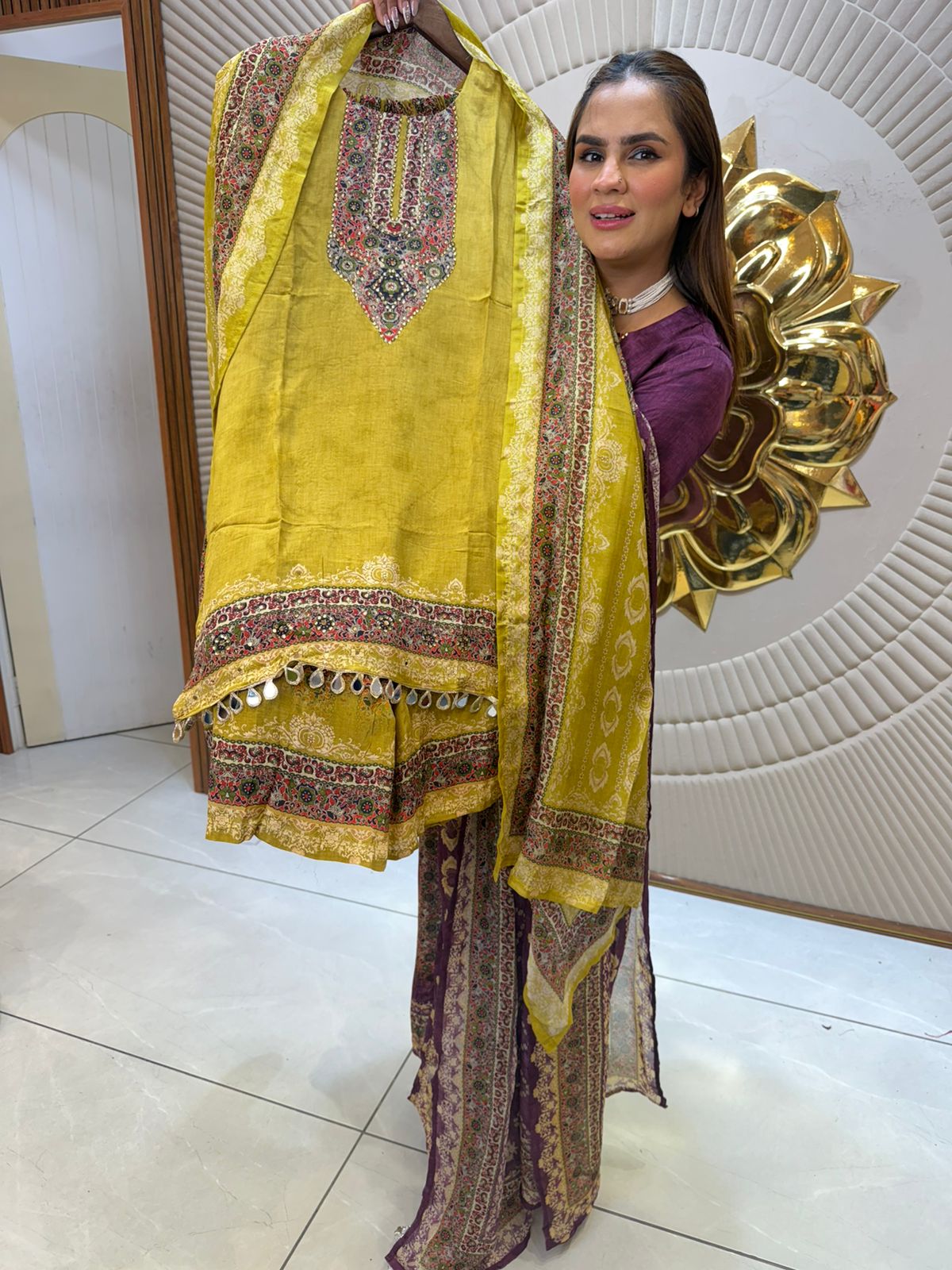 Elegant Suit With Mirror Work On Lace PC2562