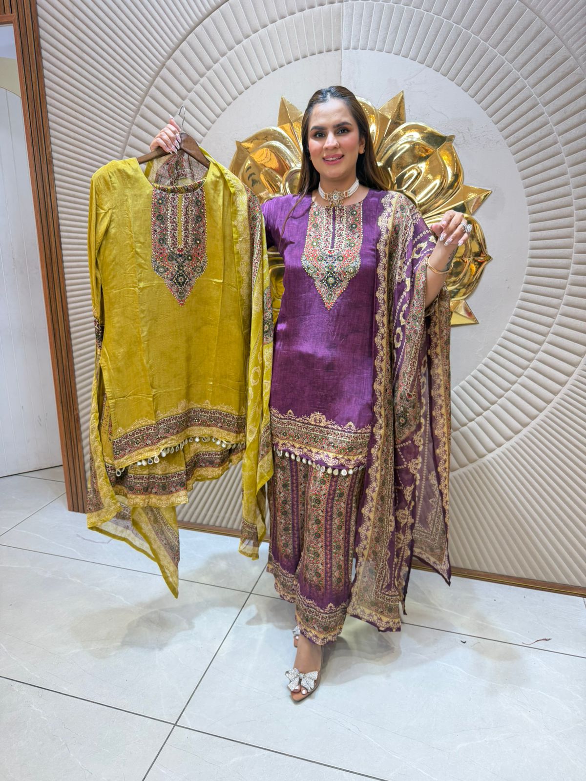 Elegant Suit With Mirror Work On Lace PC2562