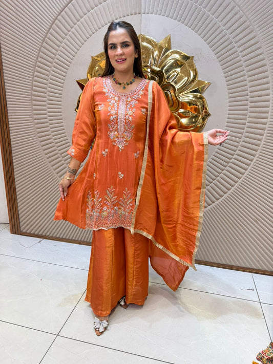 Elegant Orange Suit With Lace Work On Dupatta PC2564