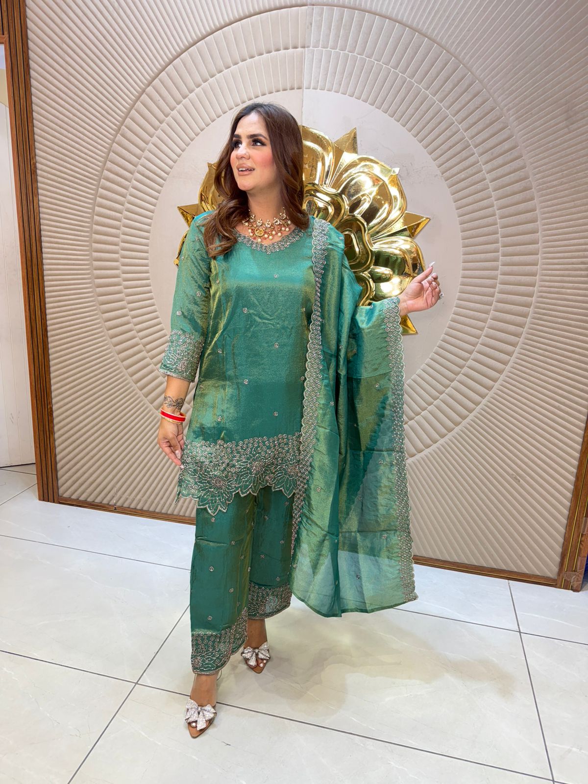 Elegant Green Suit With Lace On Dupatta PC2673