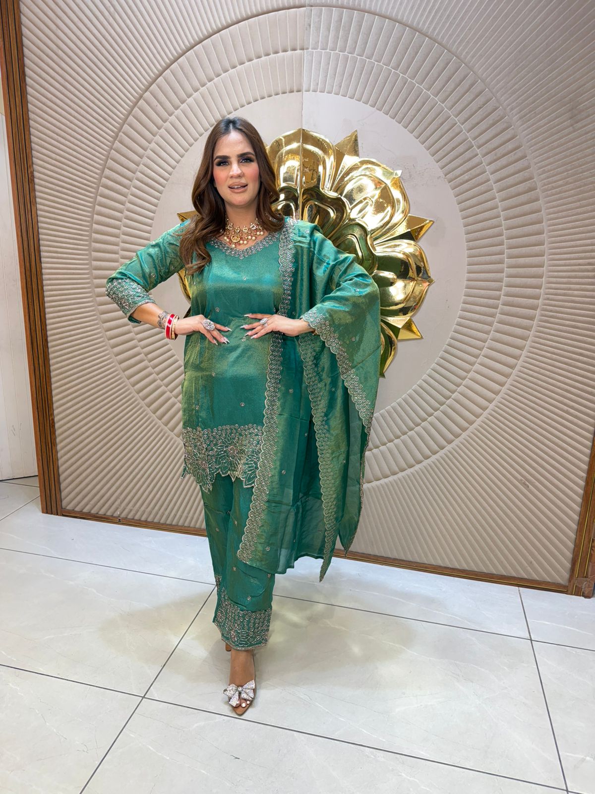 Elegant Green Suit With Lace On Dupatta PC2673