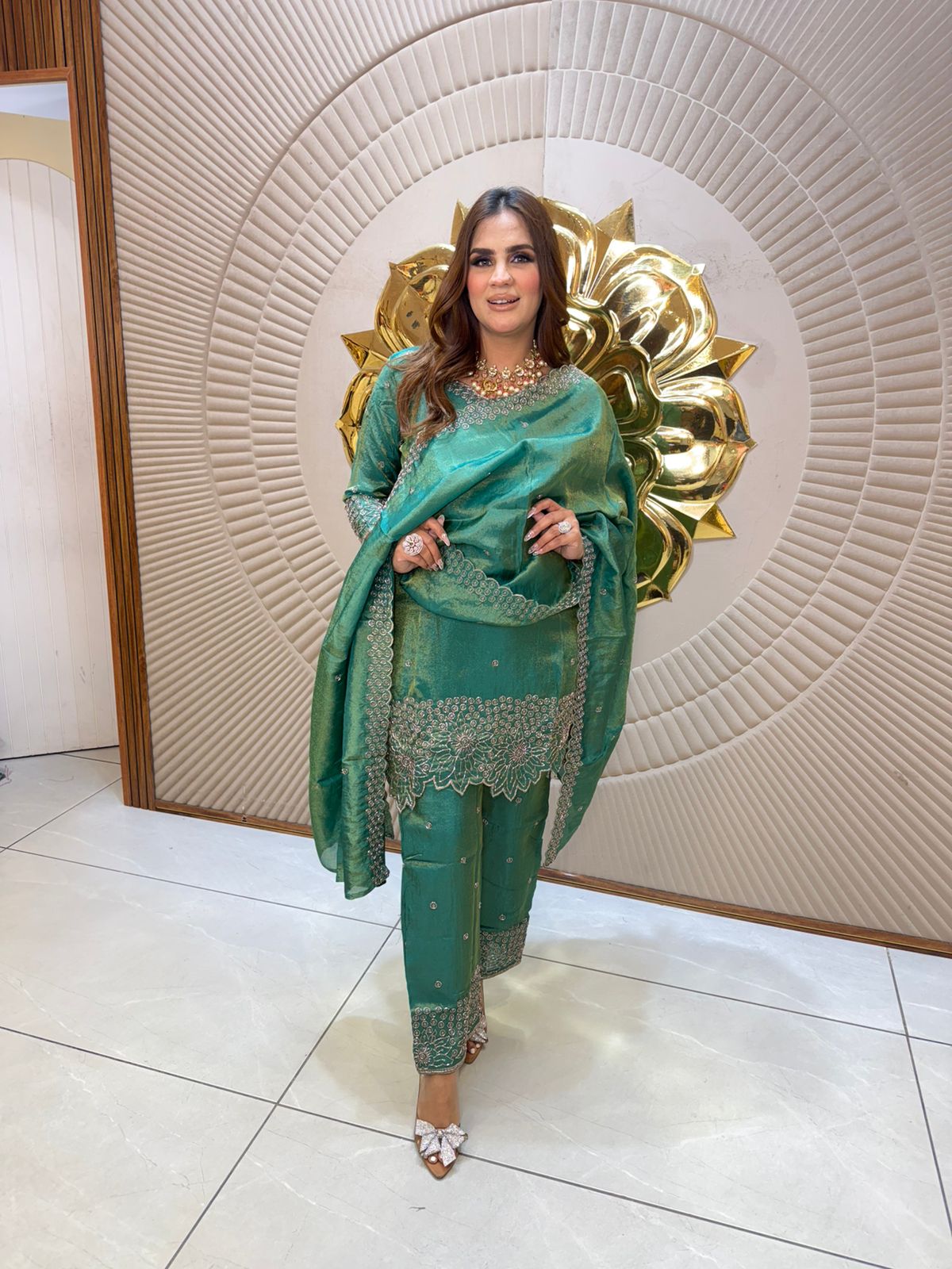 Elegant Green Suit With Lace On Dupatta PC2673