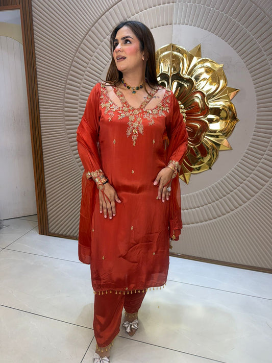 Elegant Red Suit With Lace Work PC2837