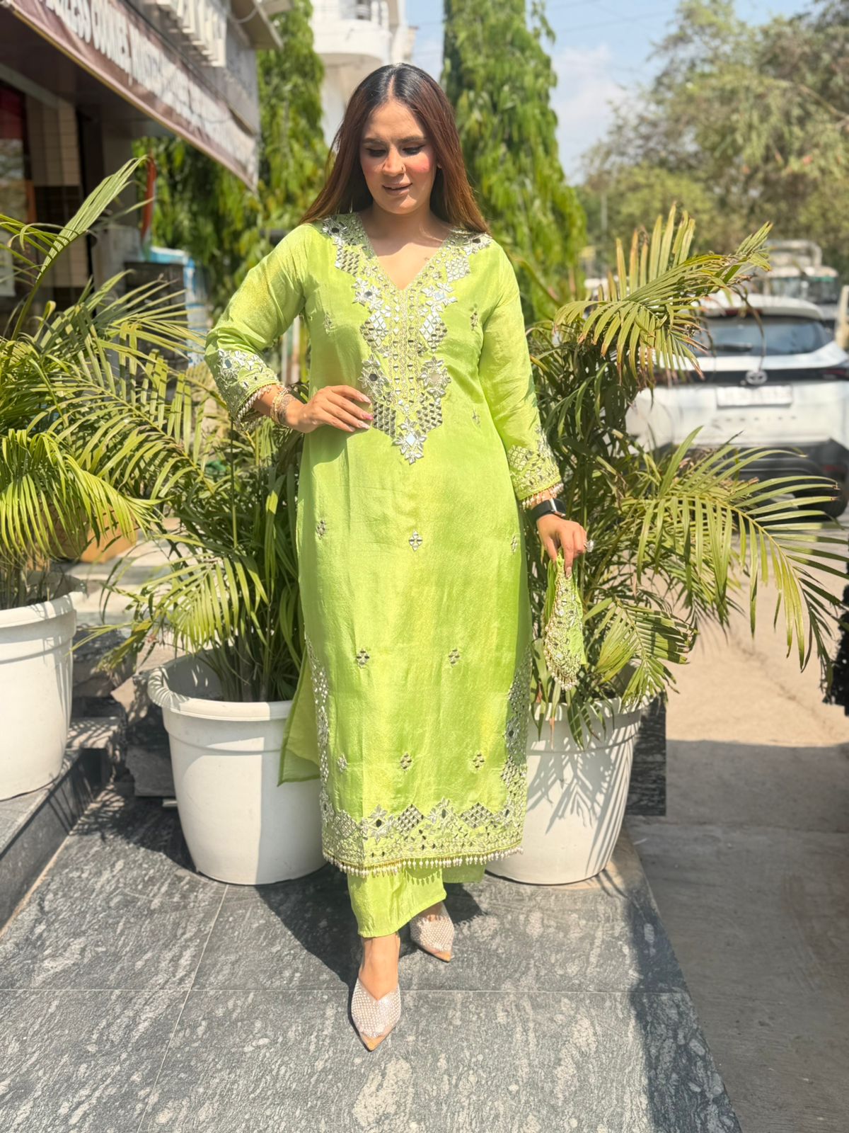 Stunning Mirror Work Suit With Potli PC2817