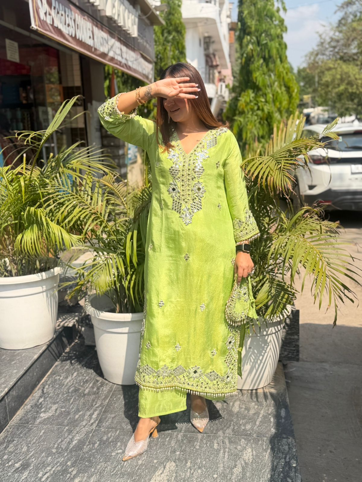 Stunning Mirror Work Suit With Potli PC2817