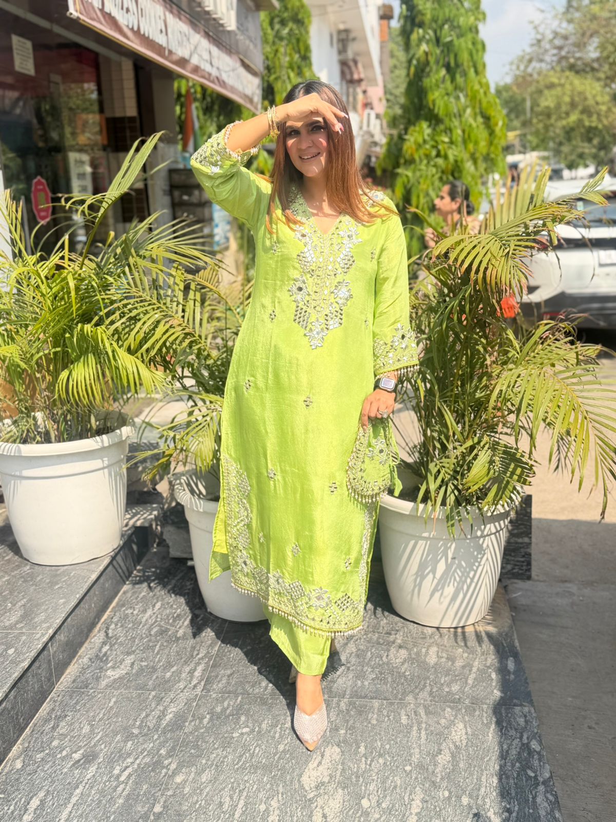 Stunning Mirror Work Suit With Potli PC2817