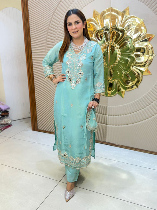 Beautiful Mirror Work Suit With Potli PC2827