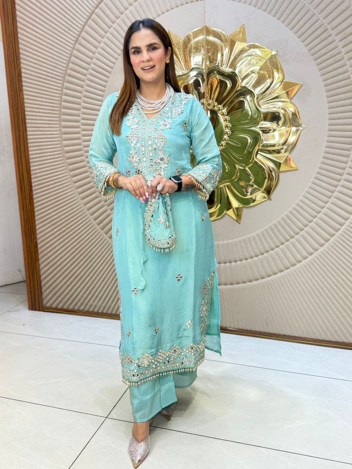 Beautiful Mirror Work Suit With Potli PC2827