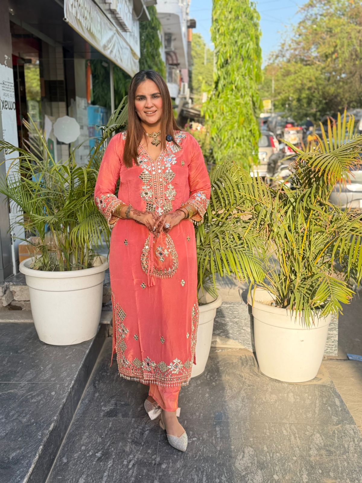 Beautiful Mirror Work Suit With Potli PC2851