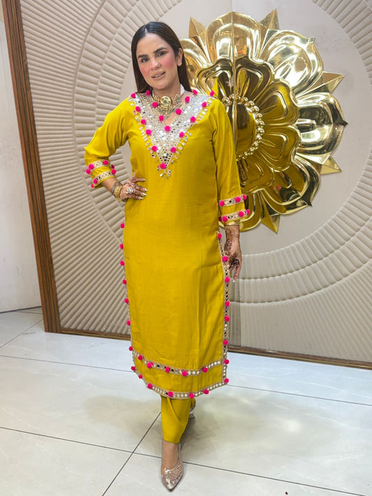 Stunning V-Neck Long Suit With Pom Pom Work PC2857