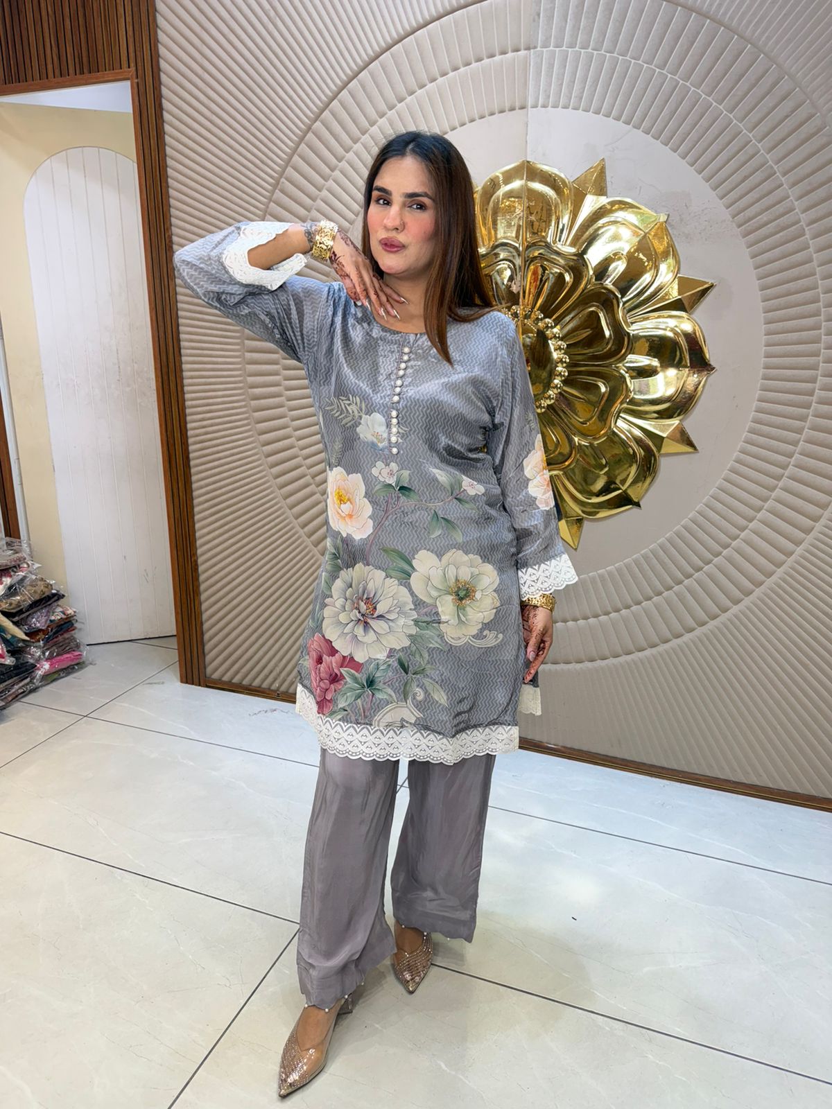 Beautiful Floral Print Suit With Lace Work PC2879