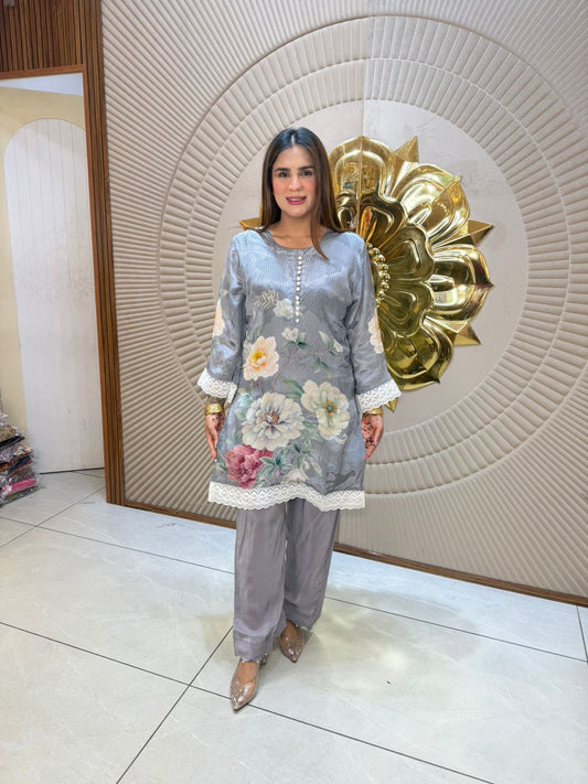 Beautiful Floral Print Suit With Lace Work PC2879