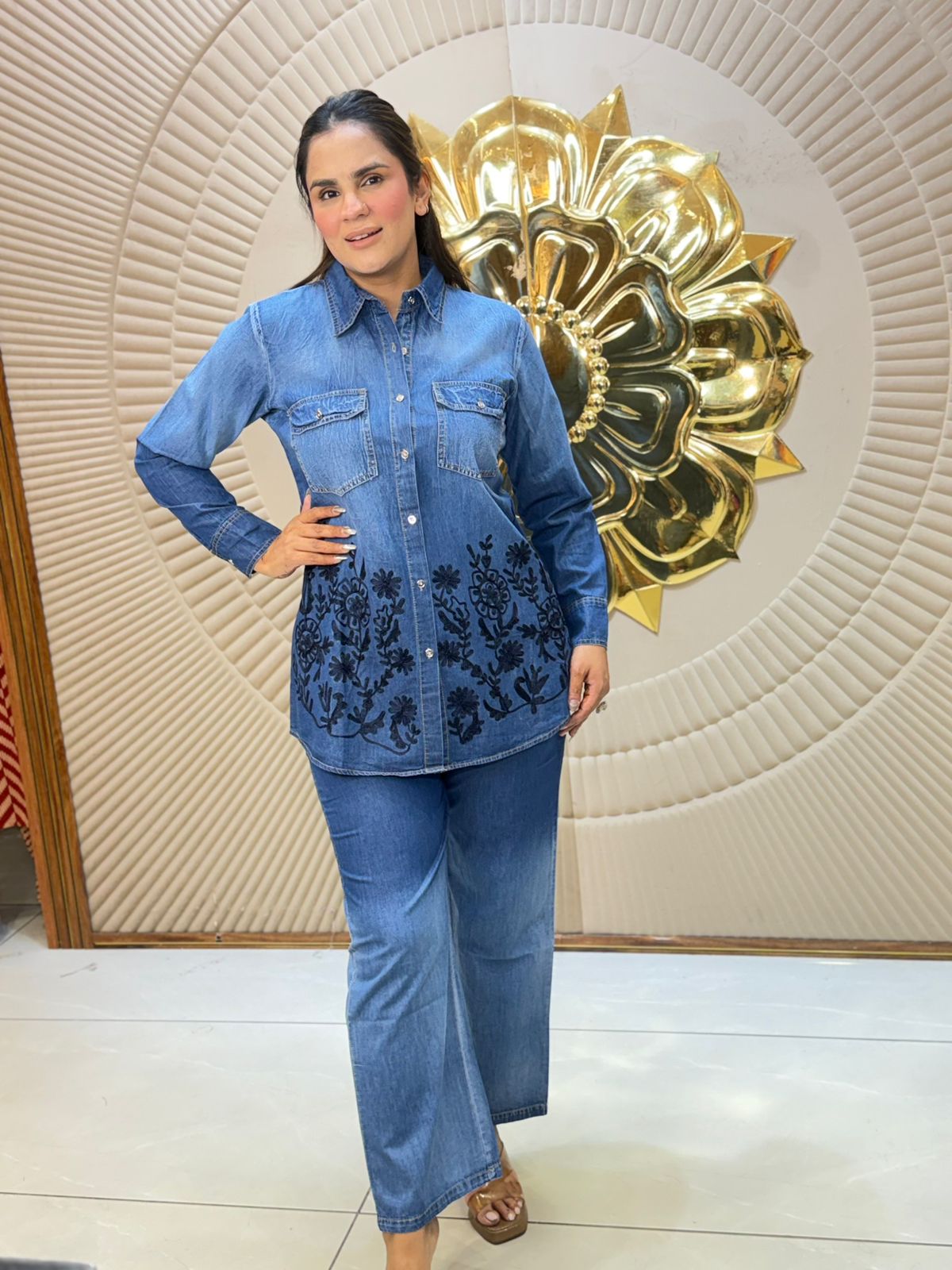 Stunning Denim Co-Ord Set With Embroidery Work PC2898