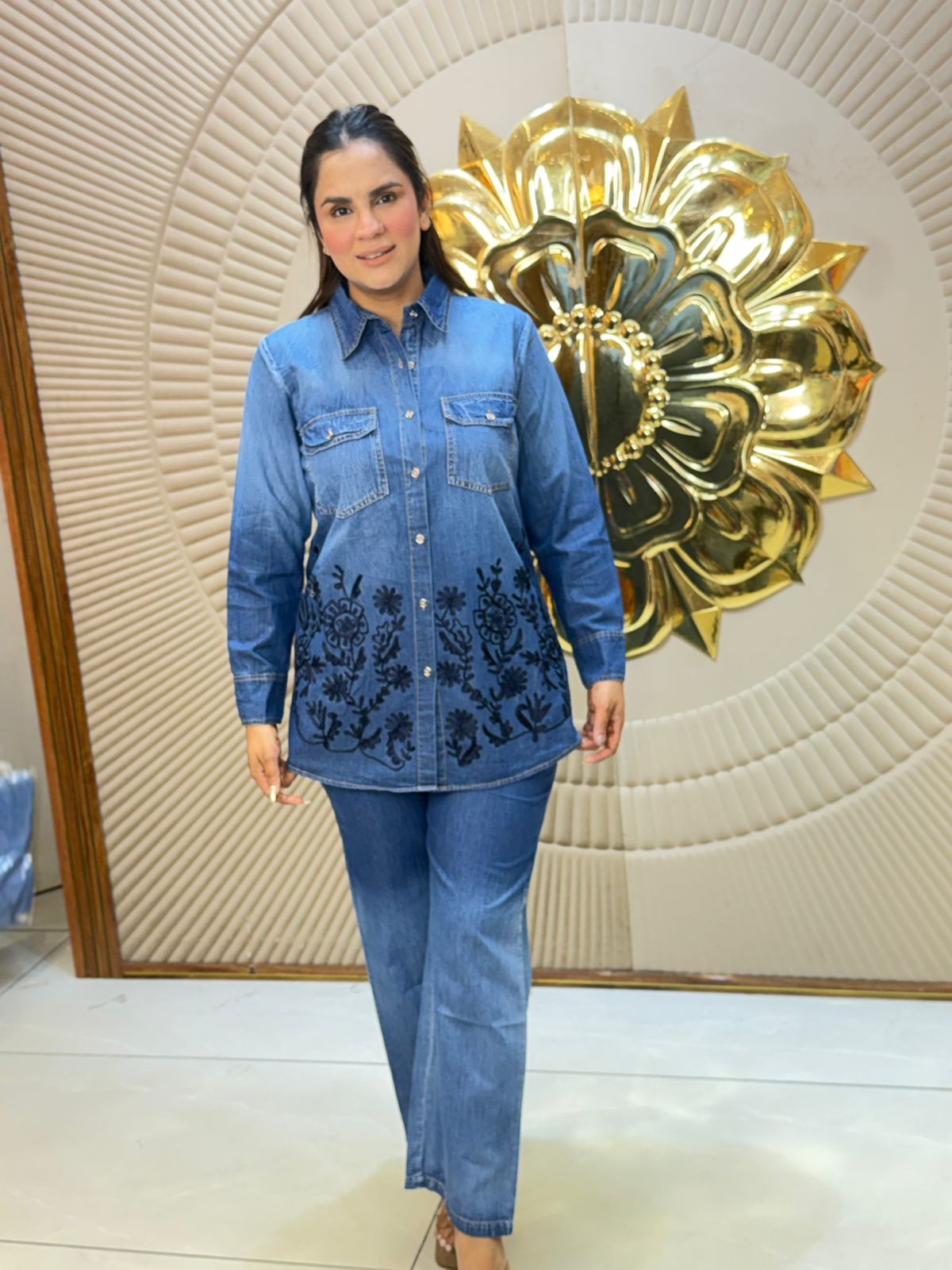 Stunning Denim Co-Ord Set With Embroidery Work PC2898