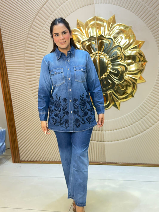 Stunning Denim Co-Ord Set With Embroidery Work PC2898
