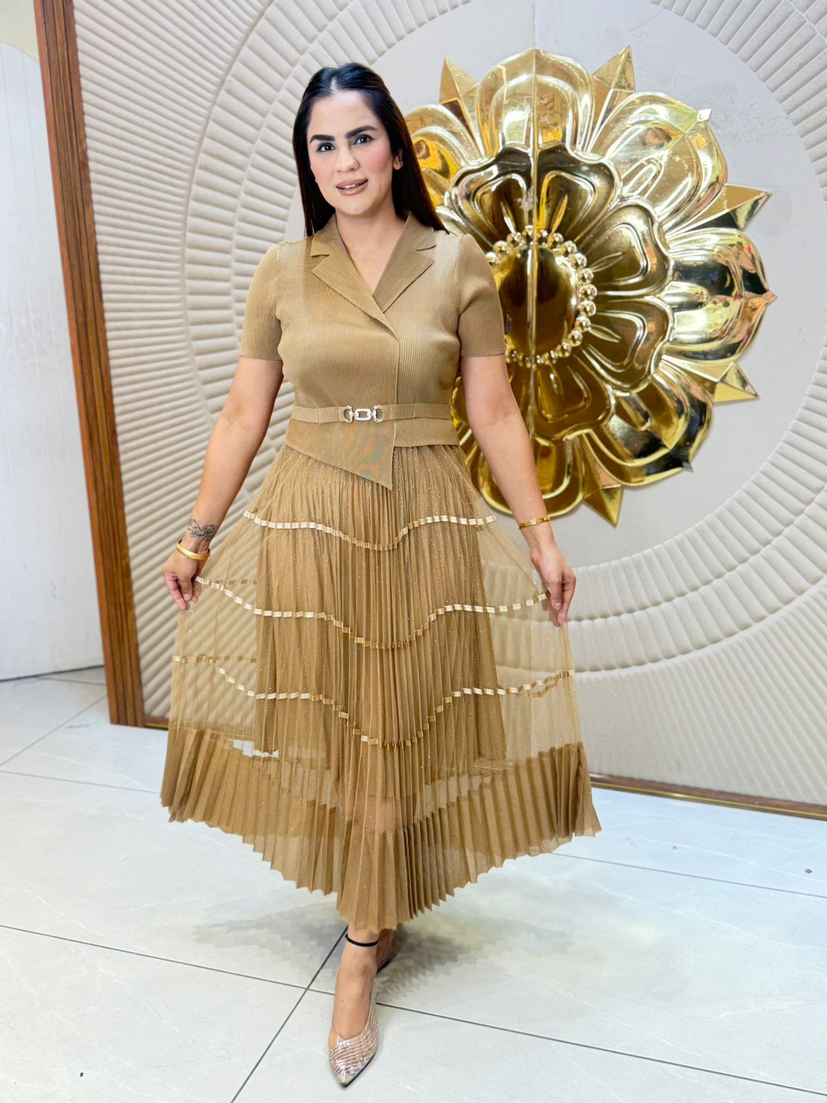 Beautiful Pleated Dress With Belt PC3008