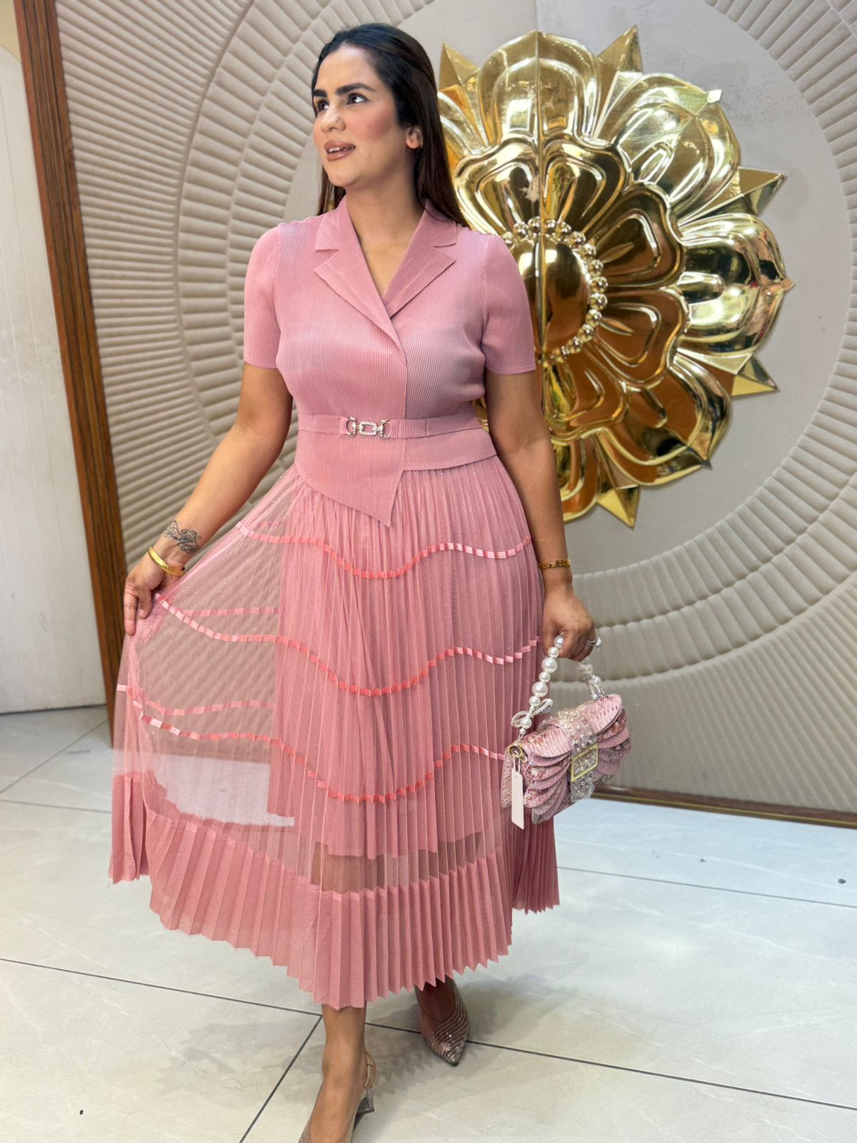Beautiful Pleated Dress With Belt PC3008