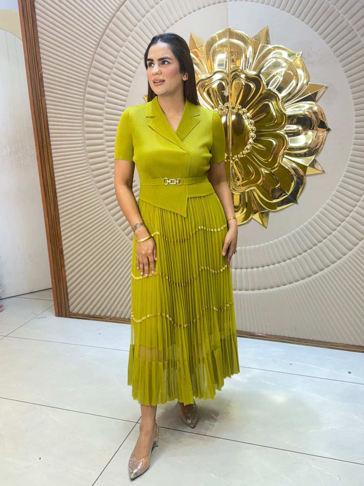 Beautiful Pleated Dress With Belt PC3008